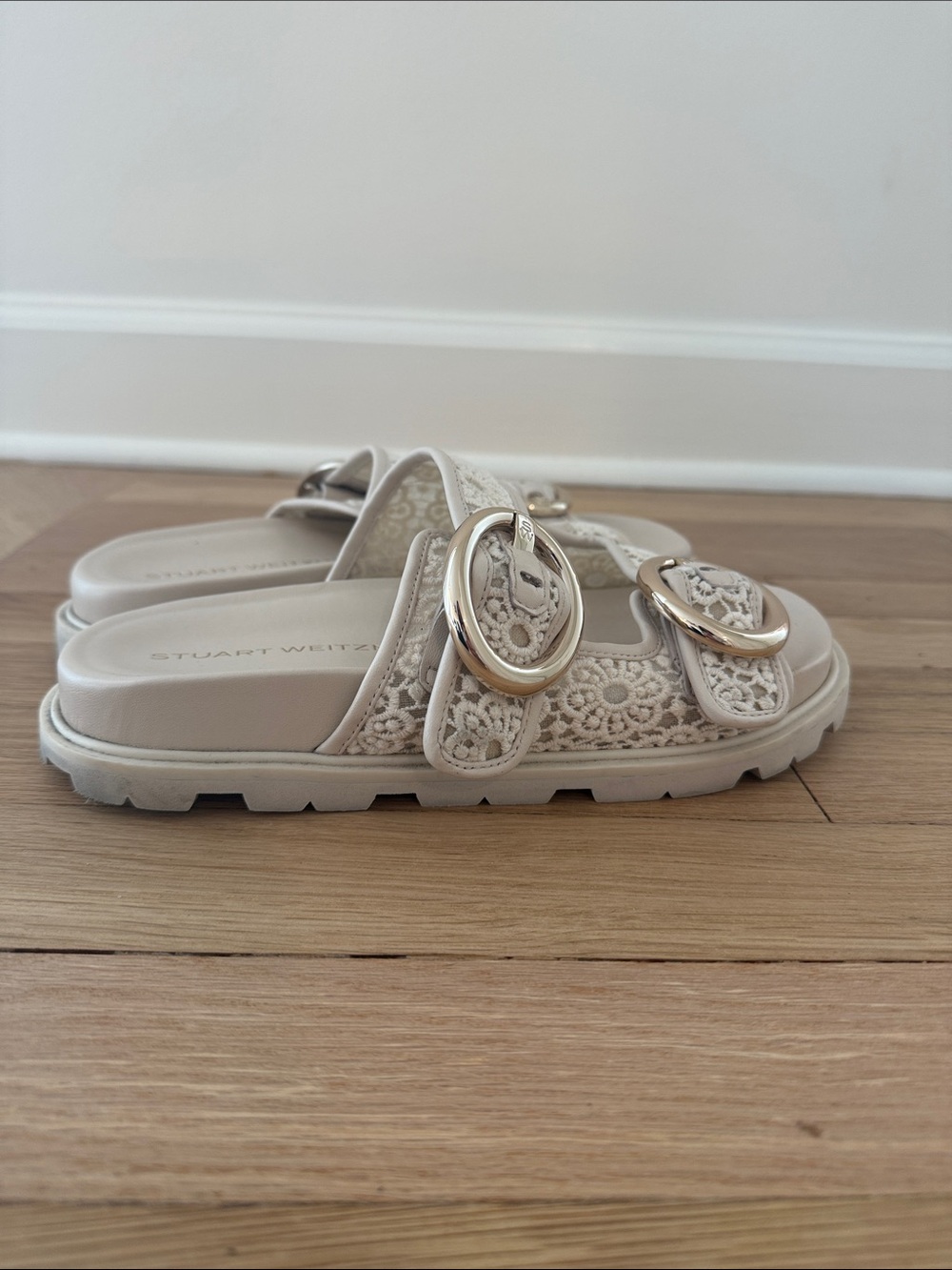 Stuart Weitzman Cream Crochet Slide Sandals with Gold Buckles